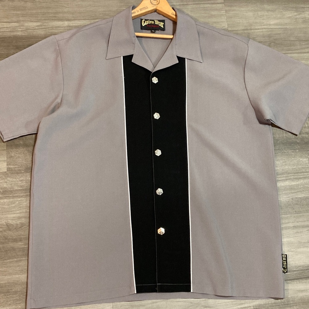 Casino Wear Lucky Dice Buttons Men's Gray Black Retro Bowling Shirt Sz 2XL